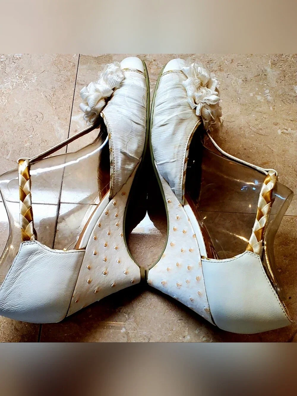 Cream Wedge Heels with Braided T-Strap and Flower Accent Sz 8 Great For Wedding